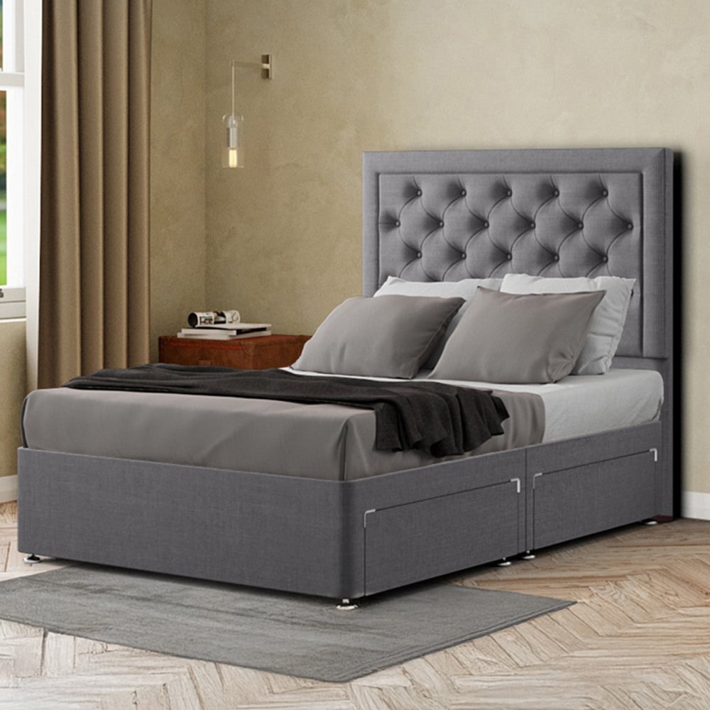 Portland Castle Super King Size Grey Linen Divan Bed with 2 Drawers and Headboard Image 1
