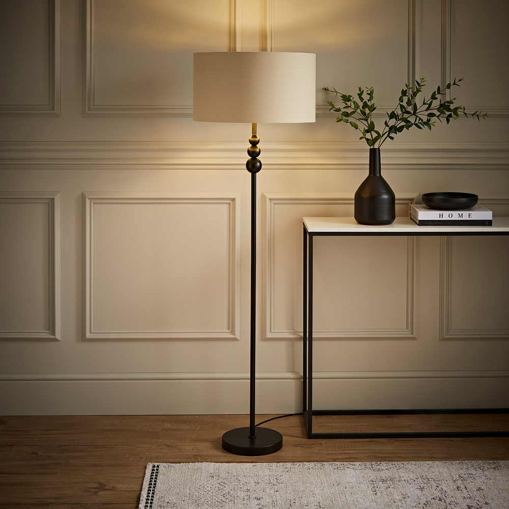 ValueLights Marissa Beige and Gold Shade Black Ball LED Floor Lamp Image 2