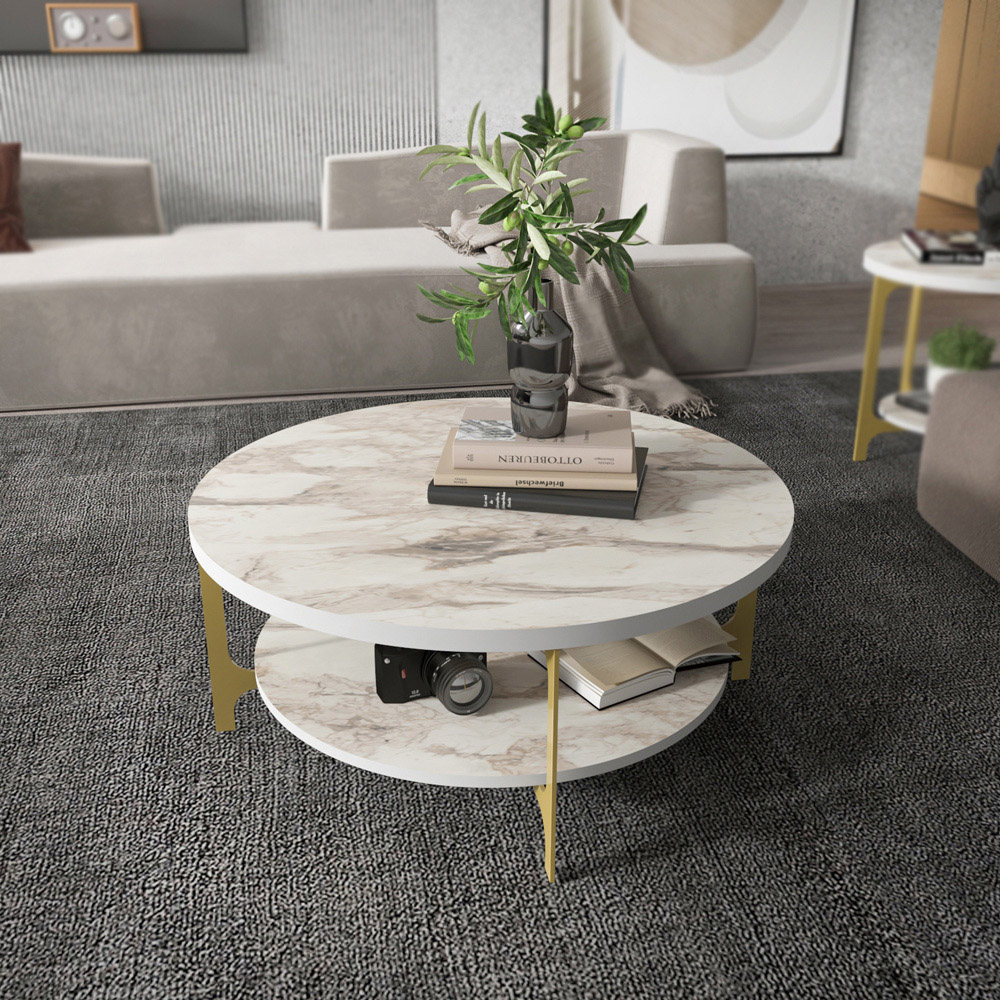 Decorotika Versy Single Shelf White Marble Effect and Gold Metal Leg Round Coffee Table Image 5