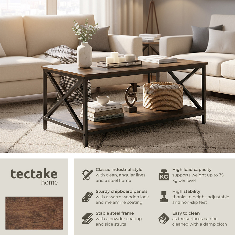 tectake Pittsburgh 2 Shelf Dark Industrial Wood Rustic Coffee Table Image 3