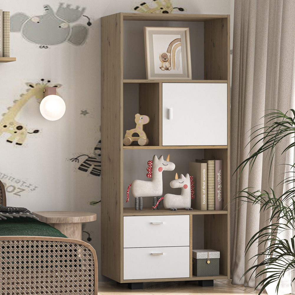 Kudl Kurt Single Door 2 Drawer 4 Shelf White and Oak Bookcase Image 1