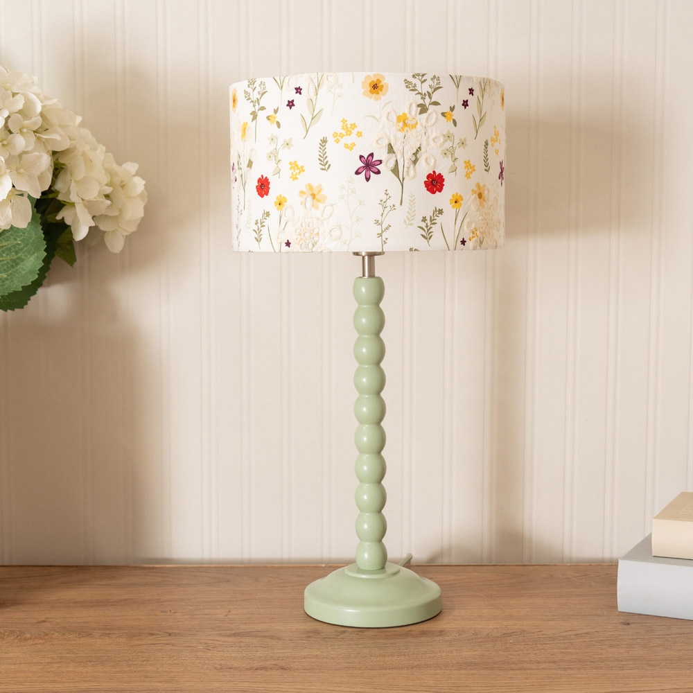 ValueLights Bobbins Floral Embroidered Drum Shade Sage Green LED Table Lamp Image 3