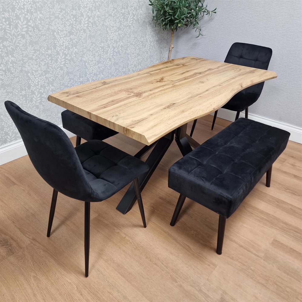 Portland 6 Seater Black Wood Dining Set with Velvet Chairs and Bench Image 2