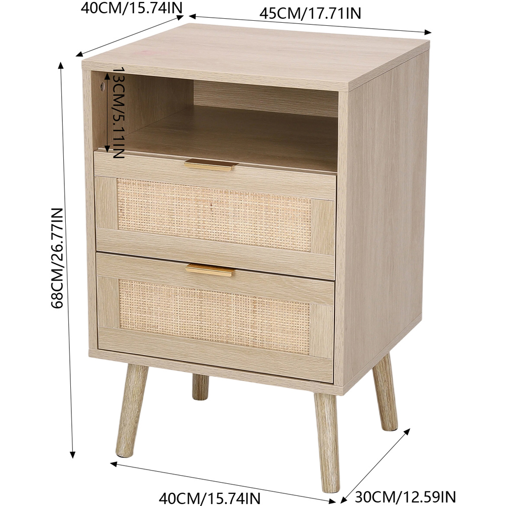 Living and Home 2 Drawer Single Shelf Natural Wooden Rattan Nightstand Image 9