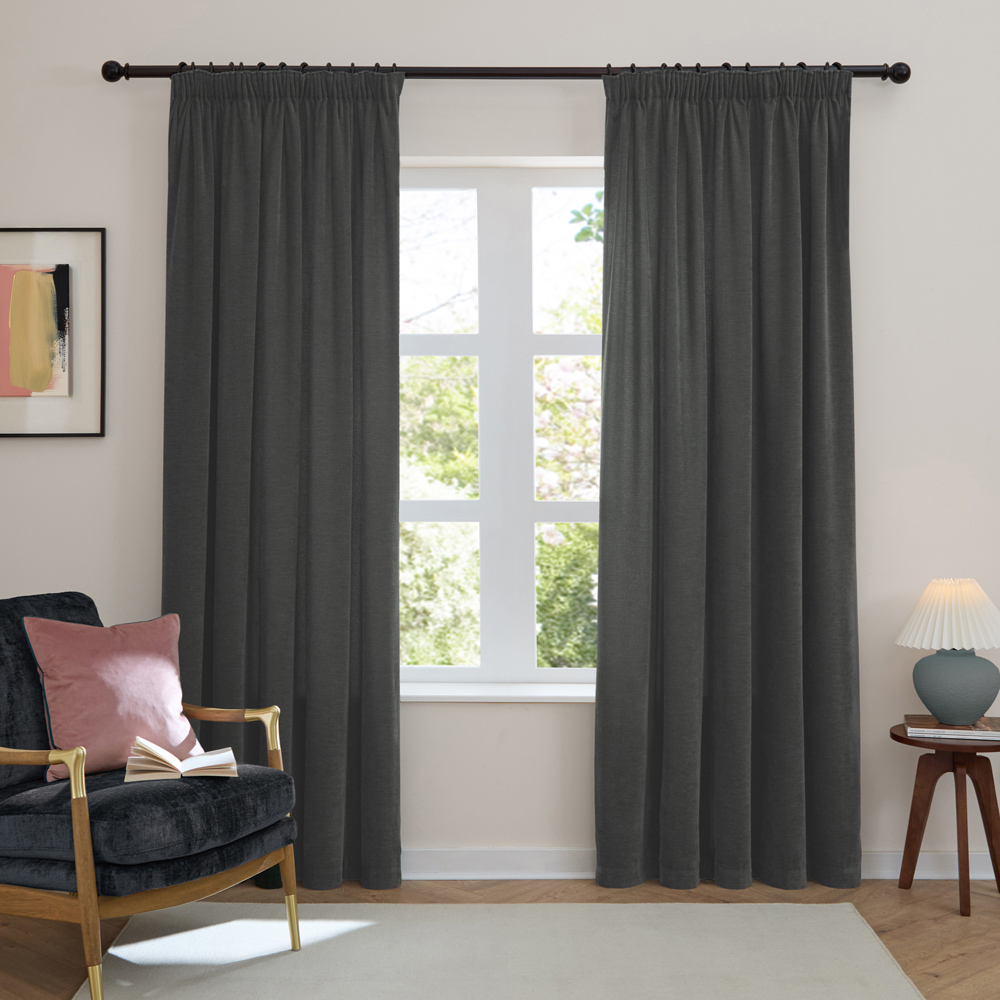 Furn Soft Chenille Charcoal Blackout Pencil Pleat Curtains 229 x 229cm Image 4