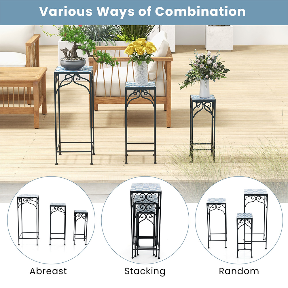 Costway Blue Mosaic Tile Metal Plant Stand Set of 3 Image 6