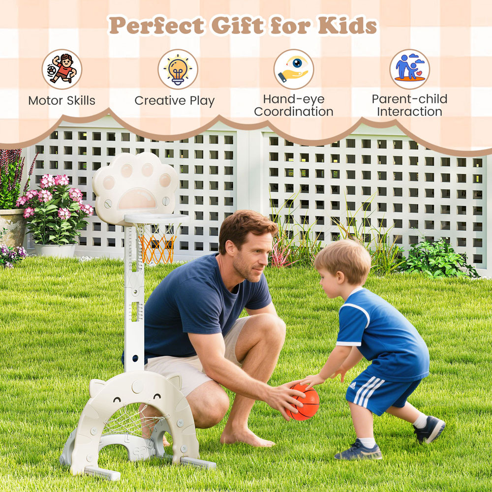 Costway 3-in-1 Kids White Adjustable Basketball Hoop Sports Centre with Soccer Game Image 6