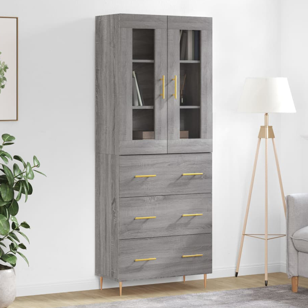 vidaXL 2 Glass Door 3 Drawer Grey Sonoma Highboard Image 1