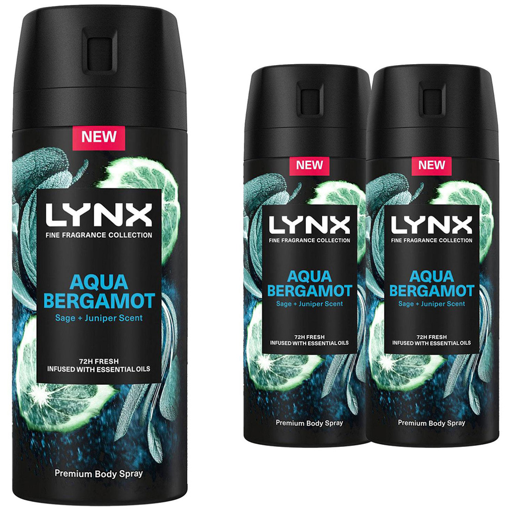 Lynx Fine Fragrance Collection Aqua Bergamot Deodorant Body Spray 150ml 3 Pack Image 1