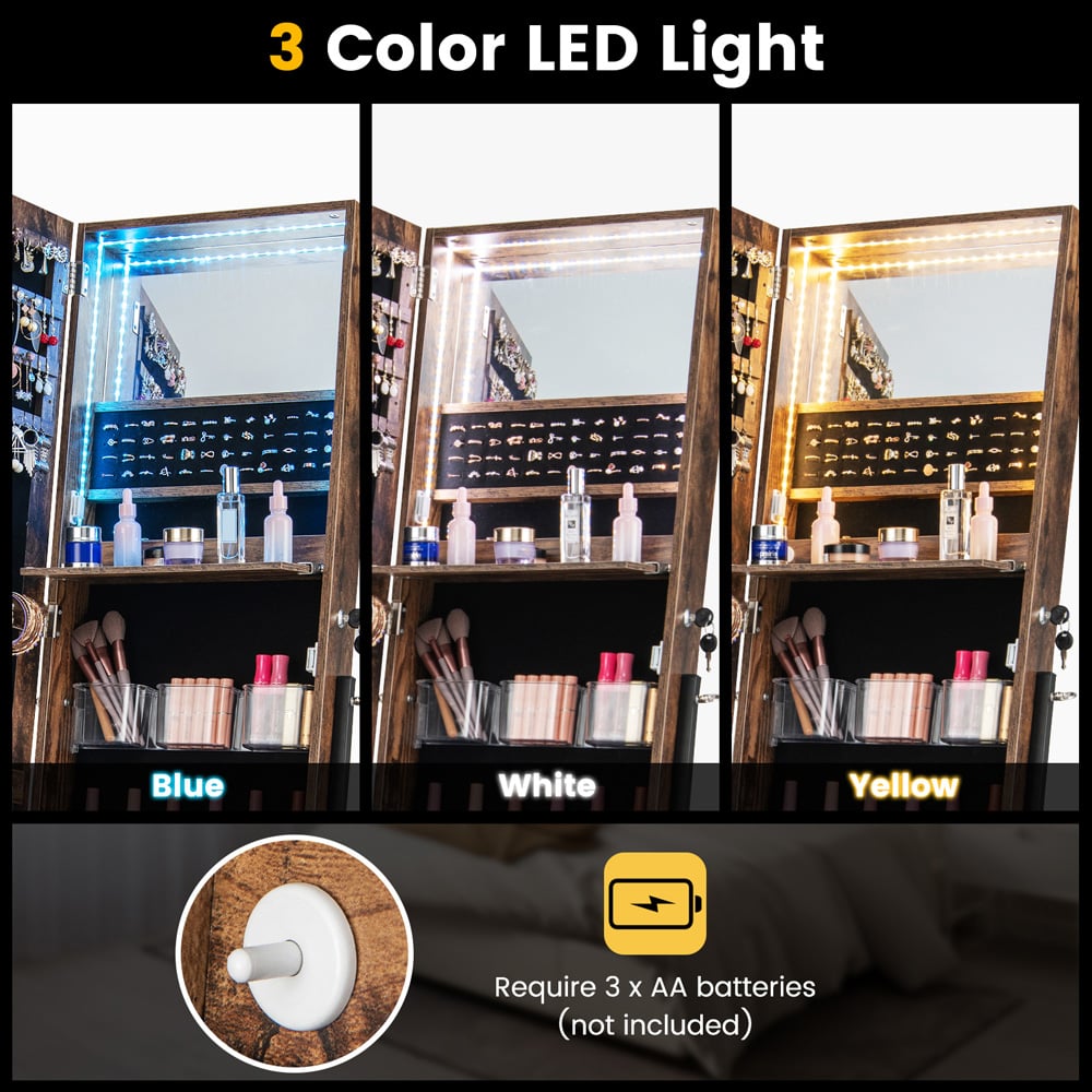 Costway Rustic Brown LED Full Length Mirror Jewellery Armoire Image 8