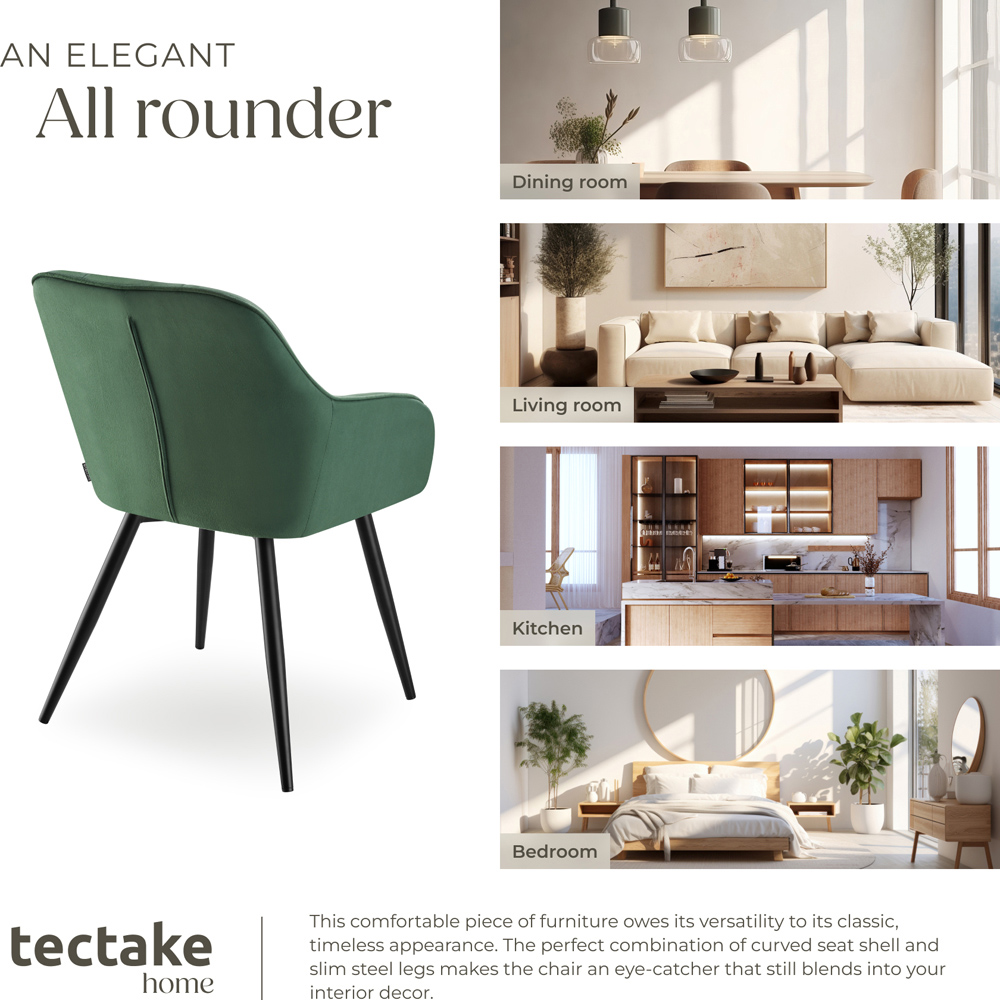 tectake Marilyn Dark Green and Black Quilted Velvet Dining Chair with Armrest Image 7