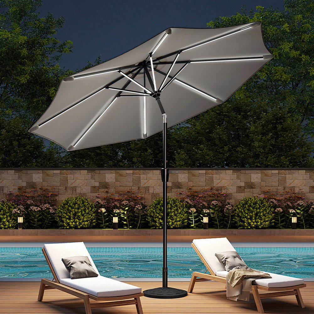 Living and Home Light Grey Solar LED Crank and Tilt Parasol with Resin Floral Base 3m Image 2