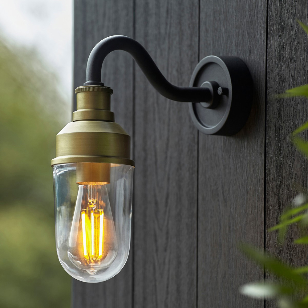 Merano Monza Matt Black Brushed Gold Clear Glass Outdoor Wall Lantern Image 2