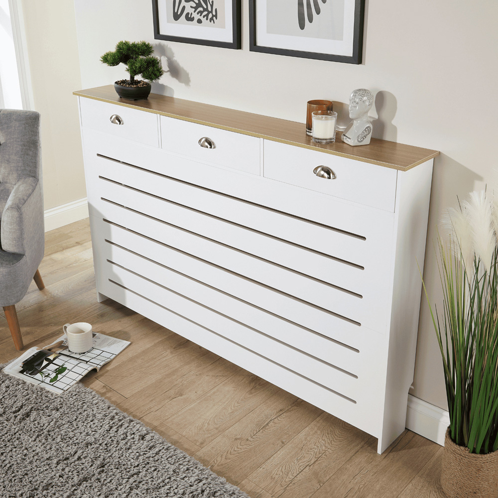 Home Source Batley 3 Drawer White and Oak Horizontal Slat Radiator Cover Large Image 7