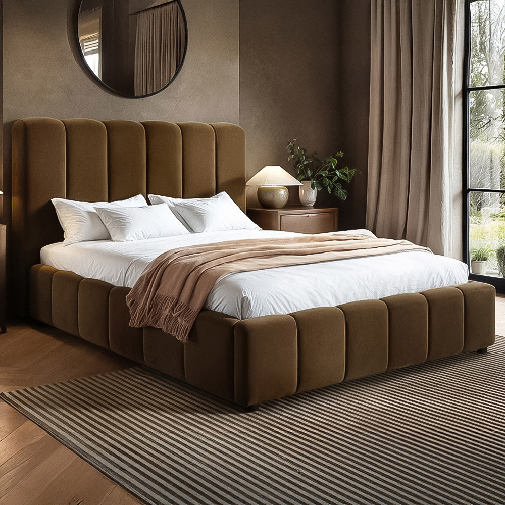 Solace+Co Emilie Double Brown Velvet Ribbed Ottoman Bed Image 1