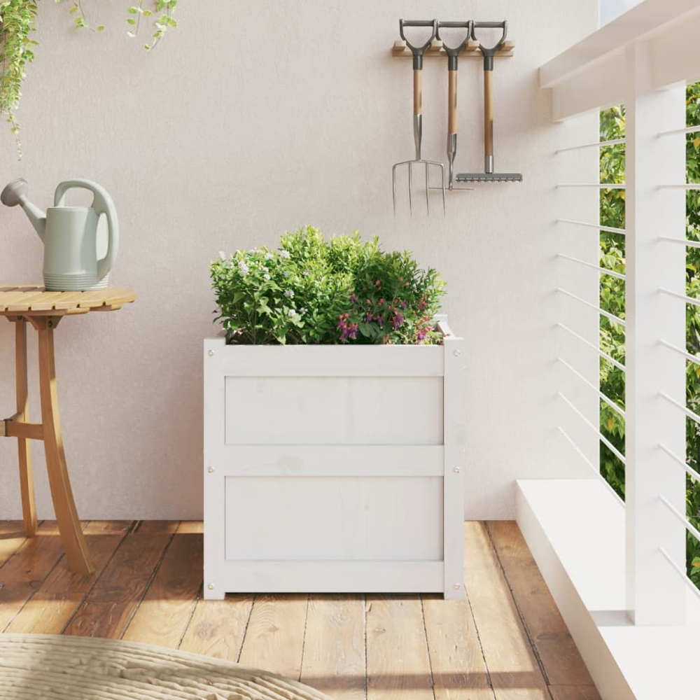 vidaXL White Solid Pine Wood Garden Planter 50 x 50 x 50cm Image 2
