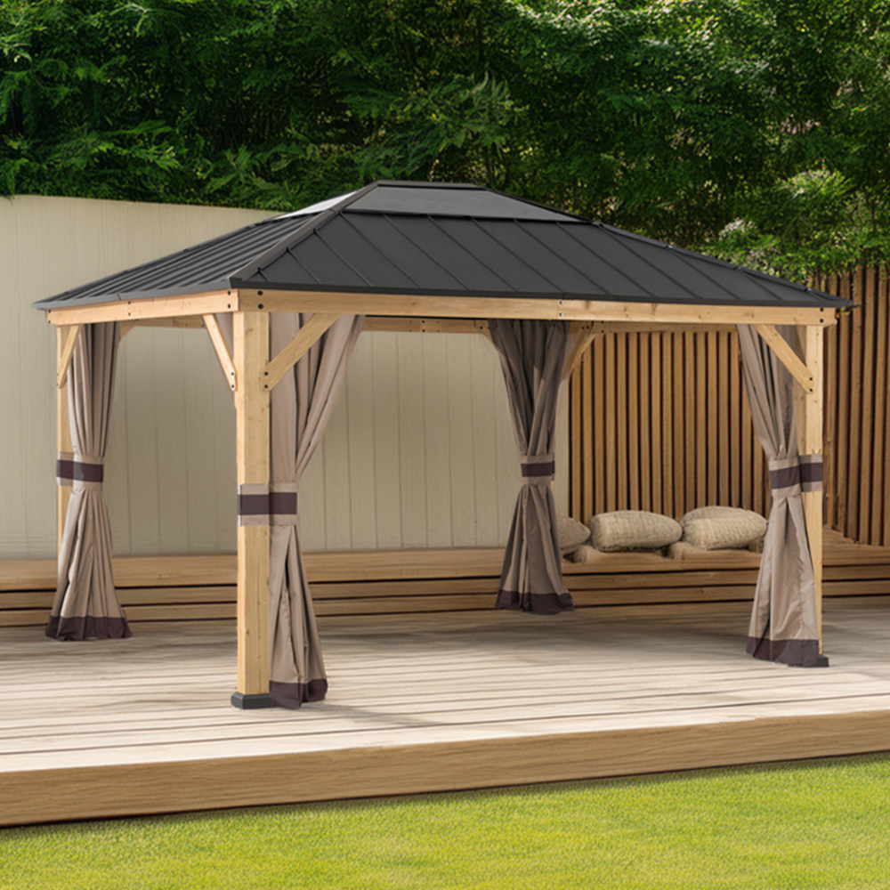 Sunjoy 3.9 x 3.3m Khaki Accessory Curtain for Wood Gazebo (Gazebo Not Include) Image 1