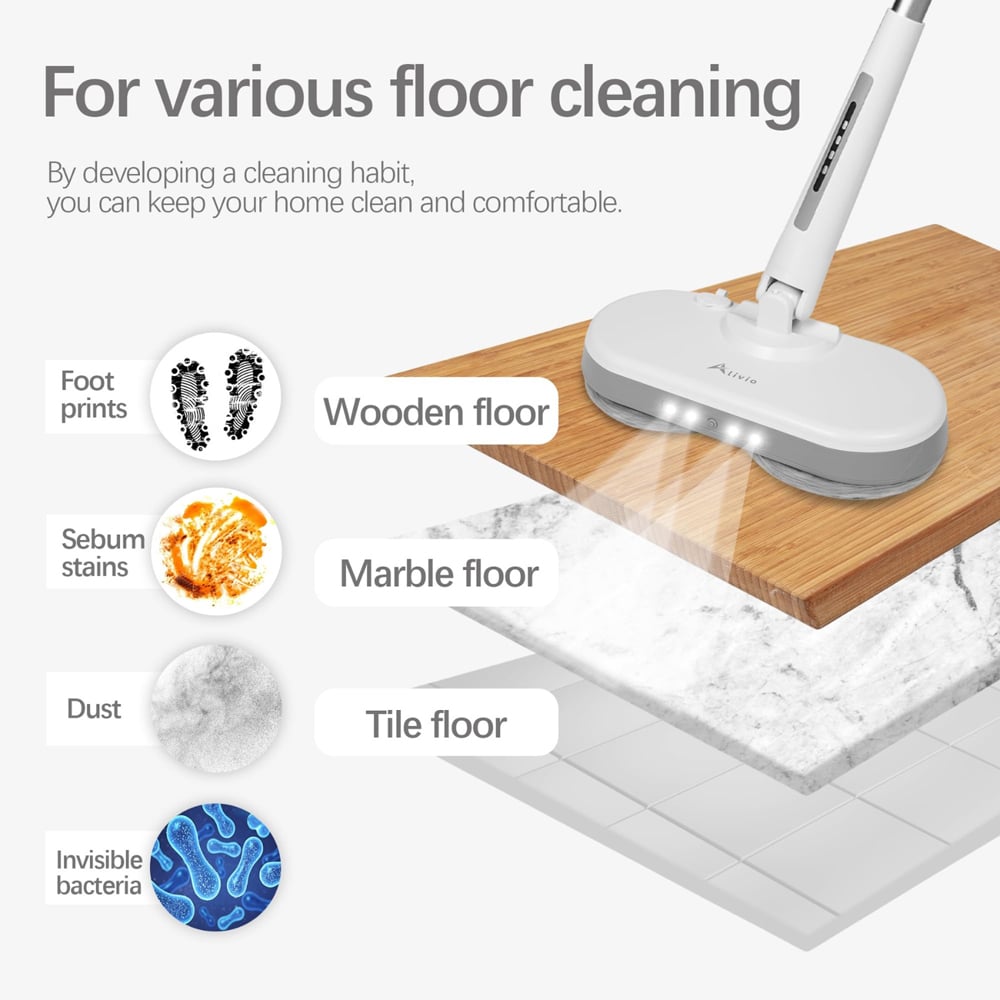 Alivio Grey LED Wireless Electric Mop with Powerful Spin Head 150 RPM Image 9
