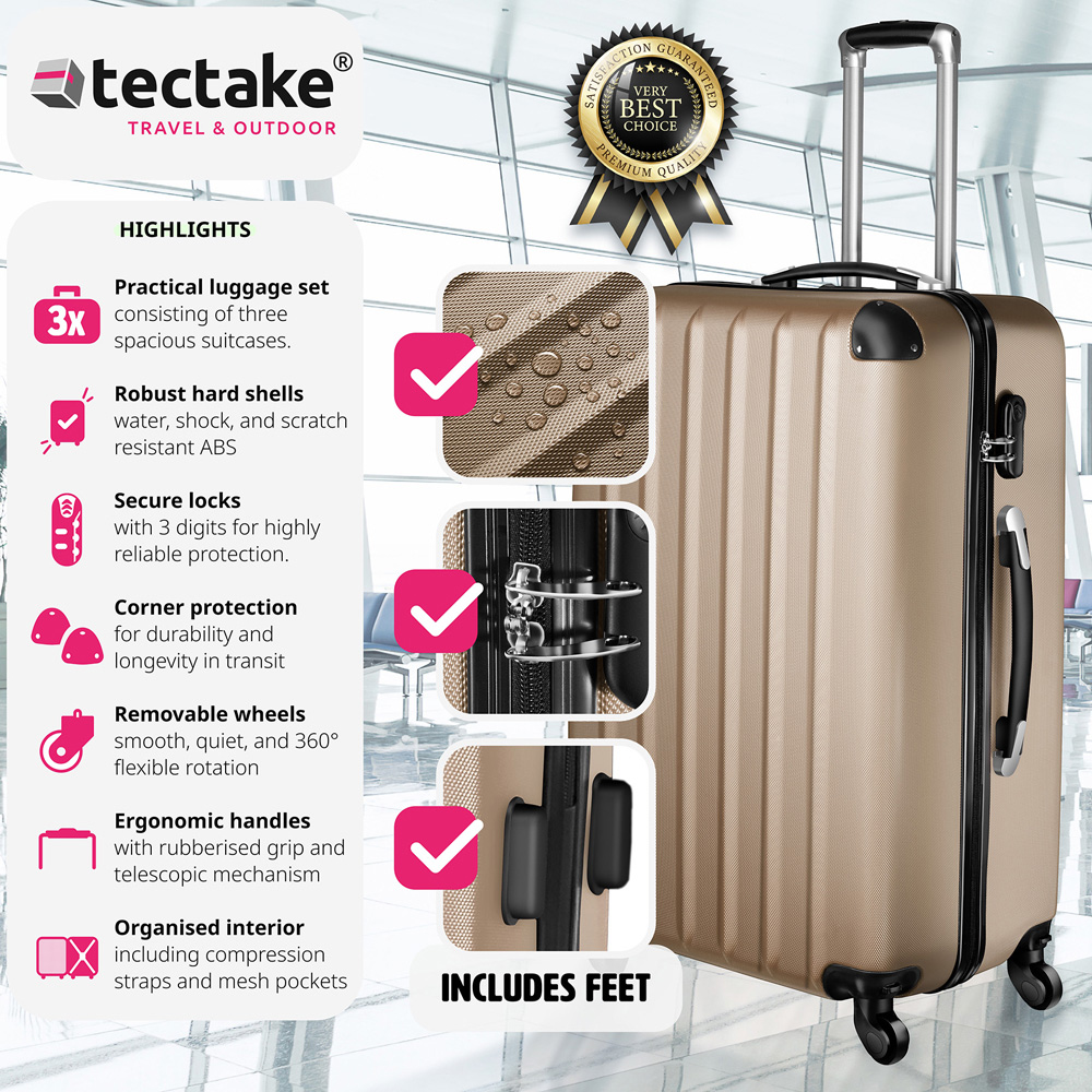 Tectake Set of 3 Champagne Hard Shell Travel Suitcase Set Image 3