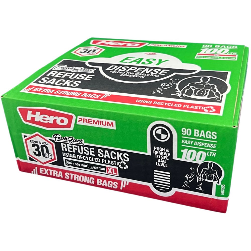 Hero Scented Easy Dispense Flat Refuse Bin Bags Black 100L 90 Pack Image 1