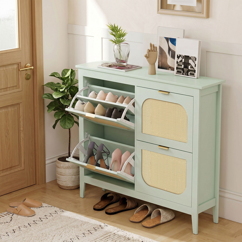 HOMCOM 4 Flip Door Green Rattan Boho-Style Slim Shoe Cabinet Image 3