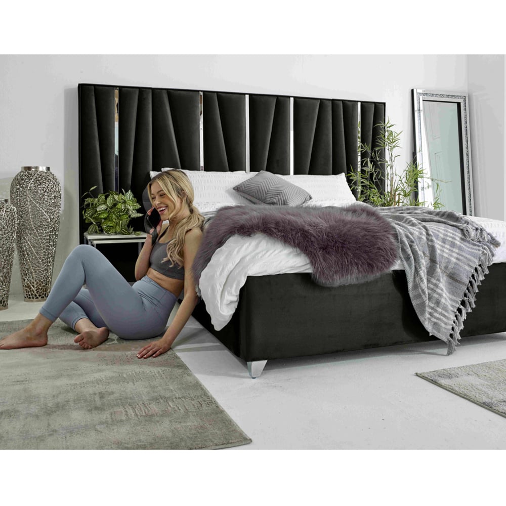 Eleganza Mila Single Black Plush Velvet Bed Frame with Lined Headboard Image 5