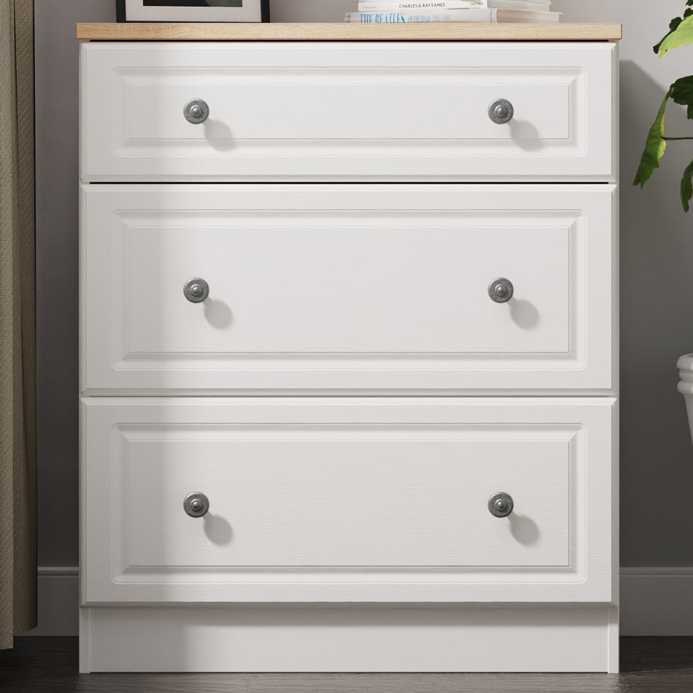 Crowndale Norfolk 3 Drawer White Ash and Bardolino Oak Deep Chest of Drawers Ready Assembled Image 1