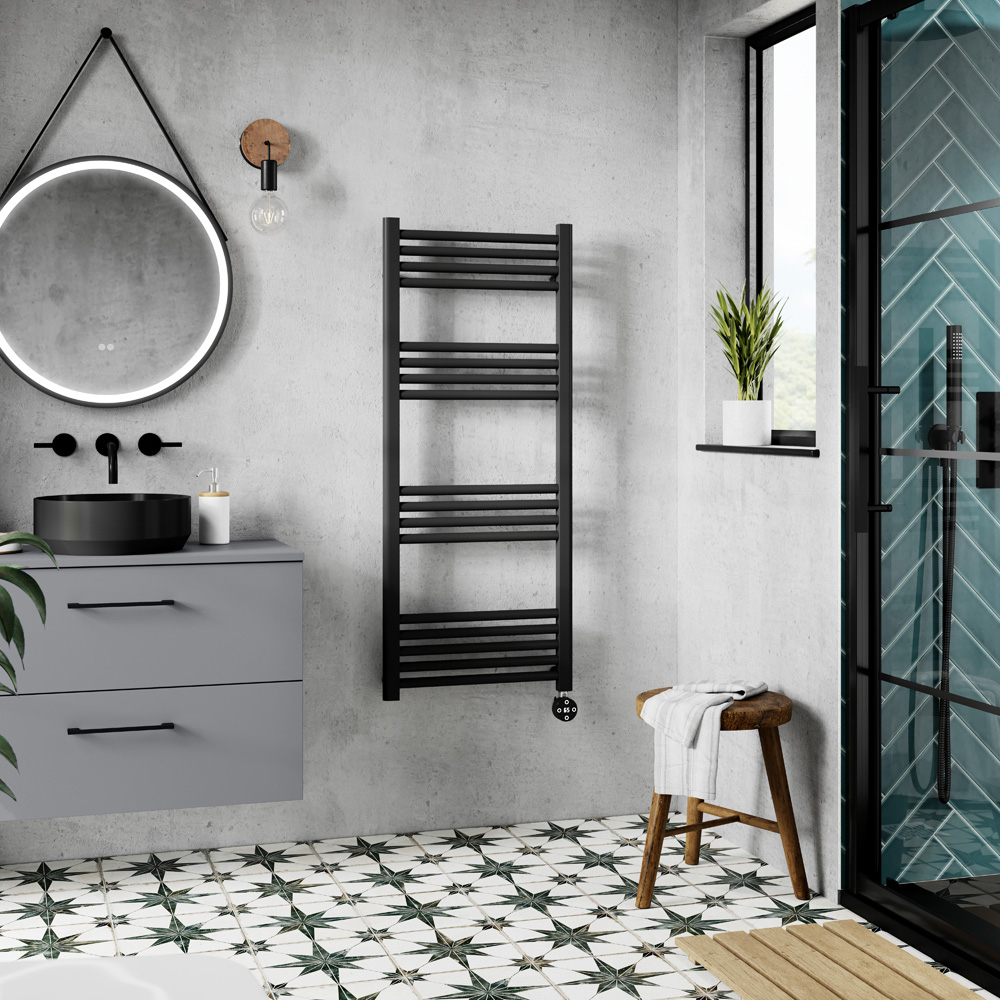 nuie Matt Black Electric Round Towel Rail 1200 x 500mm Image 2