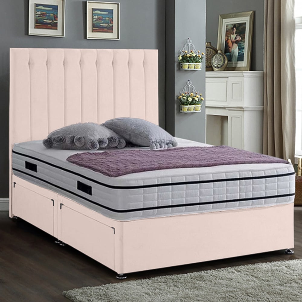Eleganza Home Snuggler King Size Blush Plush Velvet 2 Drawer Divan Bed with Lined Headboard Image 1