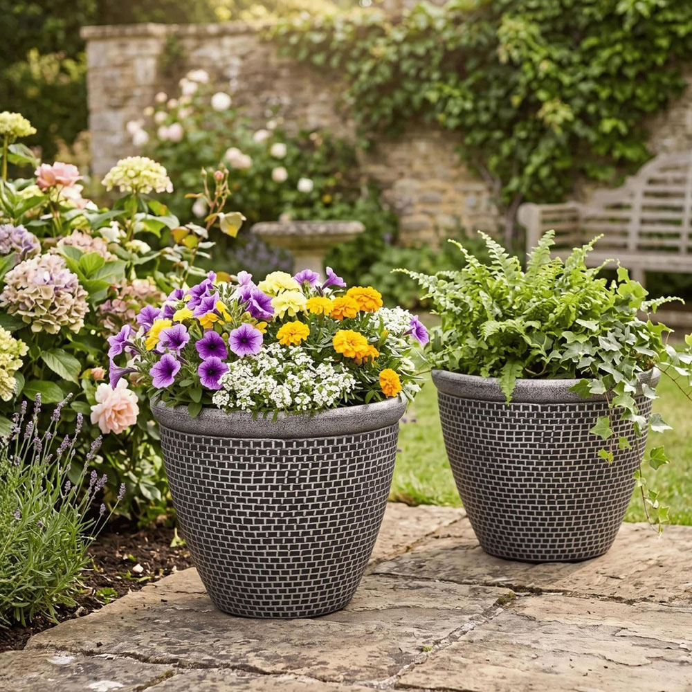TOQUE Black Antique and Silver Effect Plastic Garden Plant Pot with Drainage Holes 30cm 2 Pack Image 2