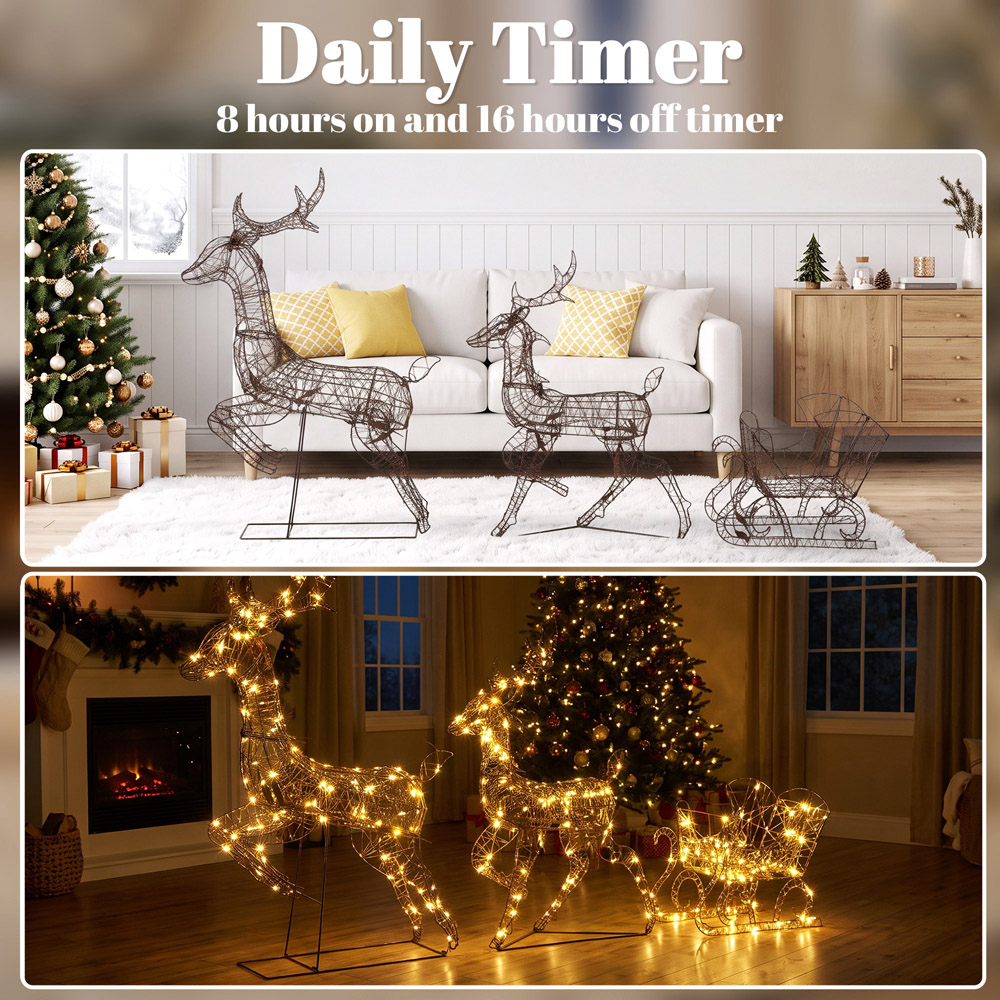 Outsunny 240 Warm White LED 3-Piece Reindeer and Sleigh Set Outdoor Christmas Decoration Image 8