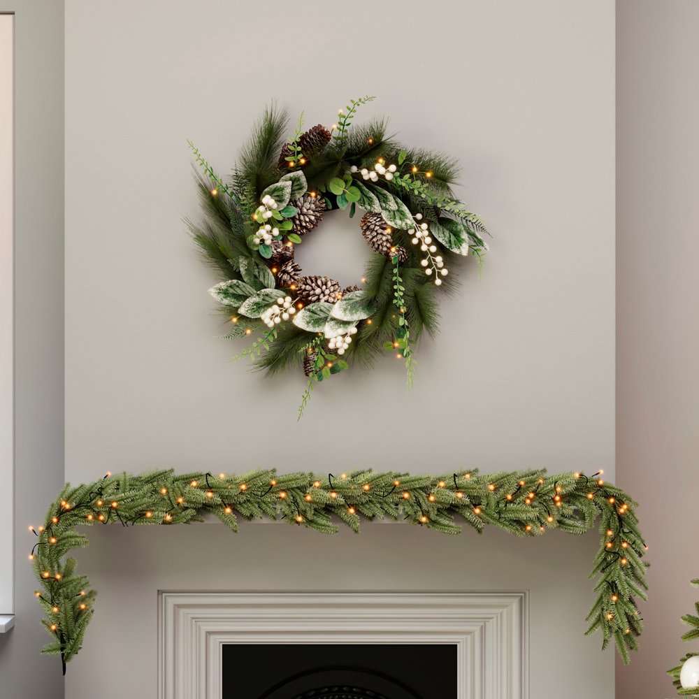 Charles Bentley Pre-Lit Eucalyptus Christmas Wreath White Berry and Pinecone 55cm Image 5