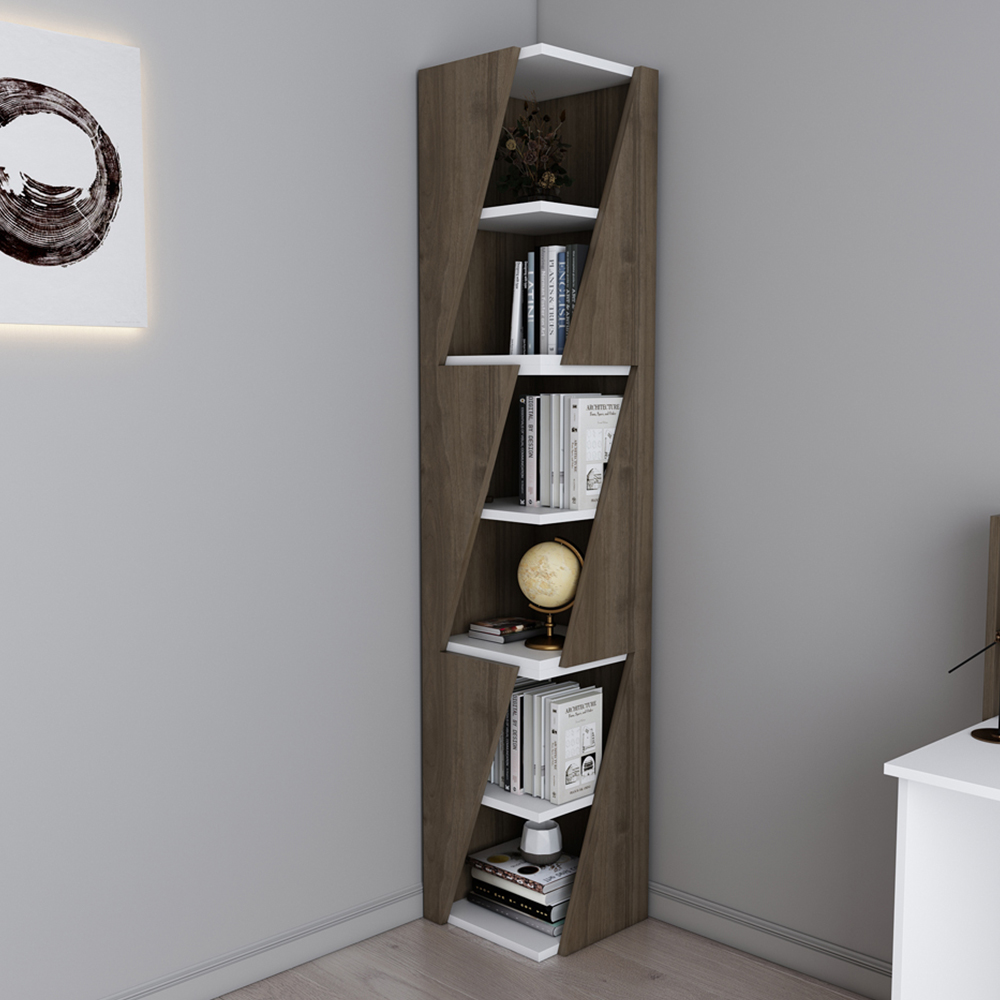 Decorotika Arrow 6 Shelf Walnut White Corner Bookcase Image 1
