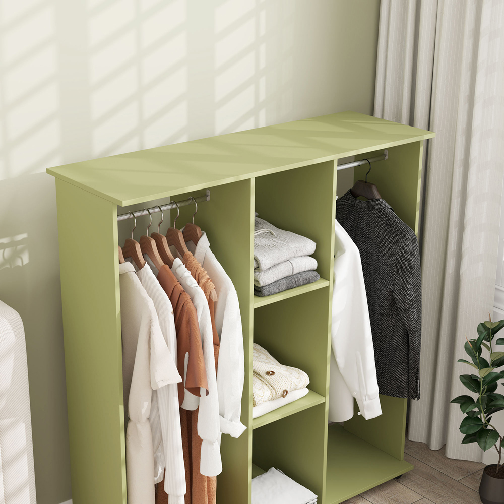 Portland 3 Shelf Green Double Open Wardrobe with Hanging Rail Image 3