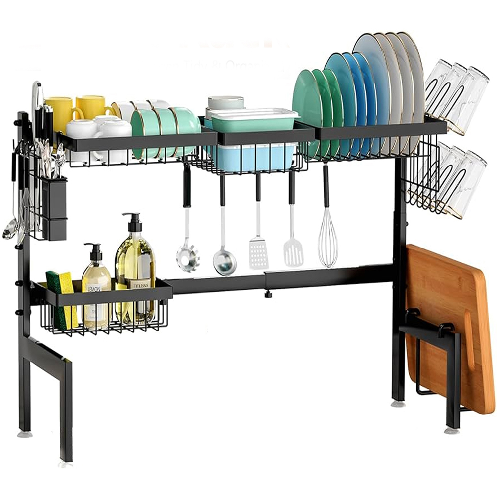 ATEK 2-Tier Black Adjustable Over Sink Kitchen Dish Drying Rack Image 2