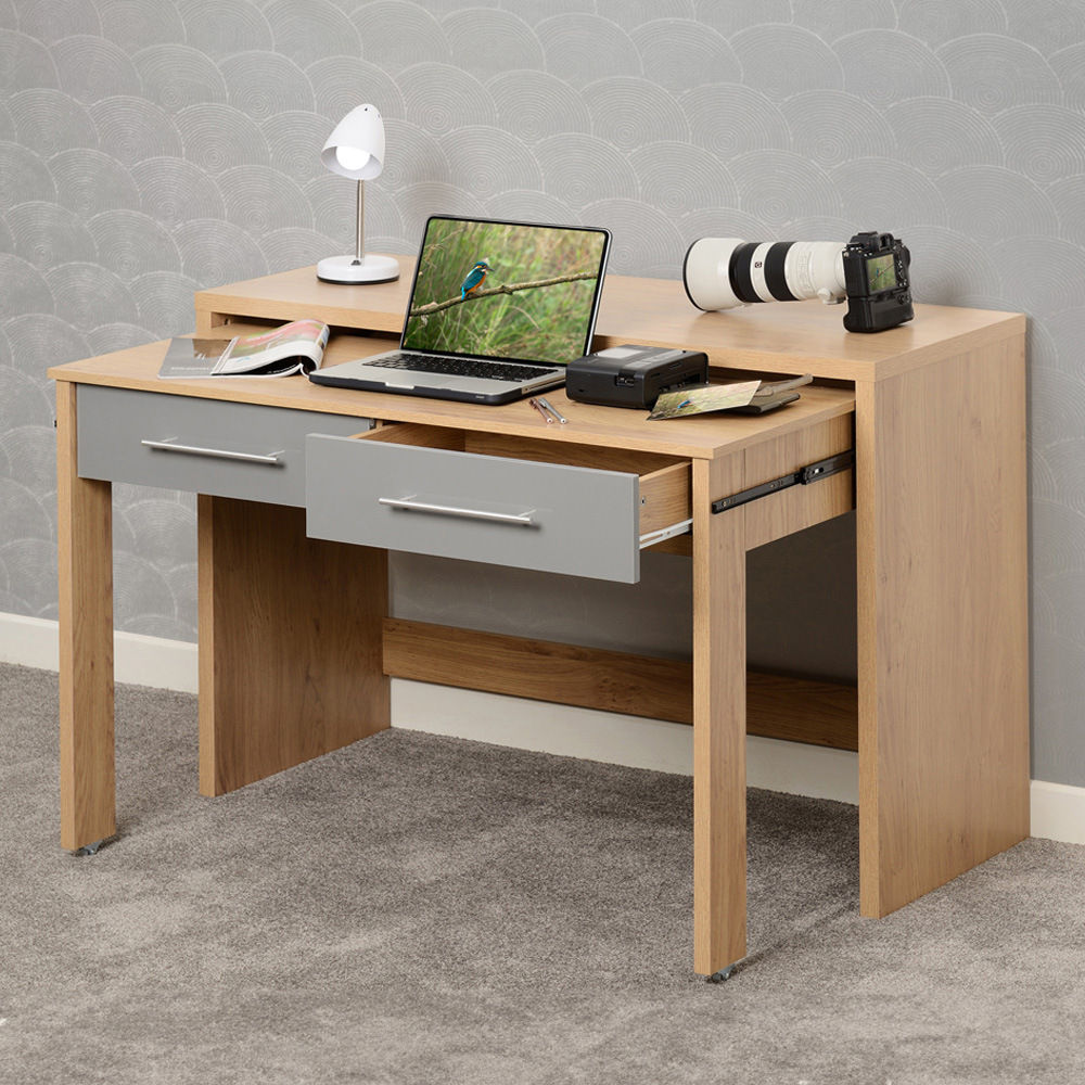 Seconique Seville 2 Drawer Veneer Slider Desk Grey Gloss and Light Oak Effect Image 1