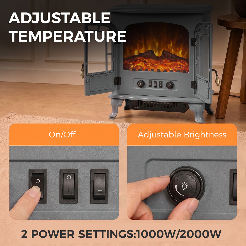 HOMCOM Grey Freestanding Electric Fireplace Stove with LED Fire Flame Effect Image 5