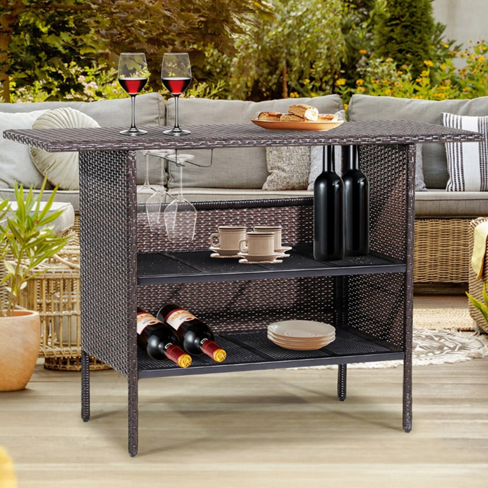 Costway 2 Shelf Outdoor Wicker Bar Table with 2 Rail Racks Image 1