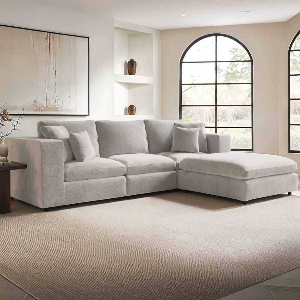 Solace+Co Asher 4 Seater Beige Boucle Sofa with Footstool Image 1