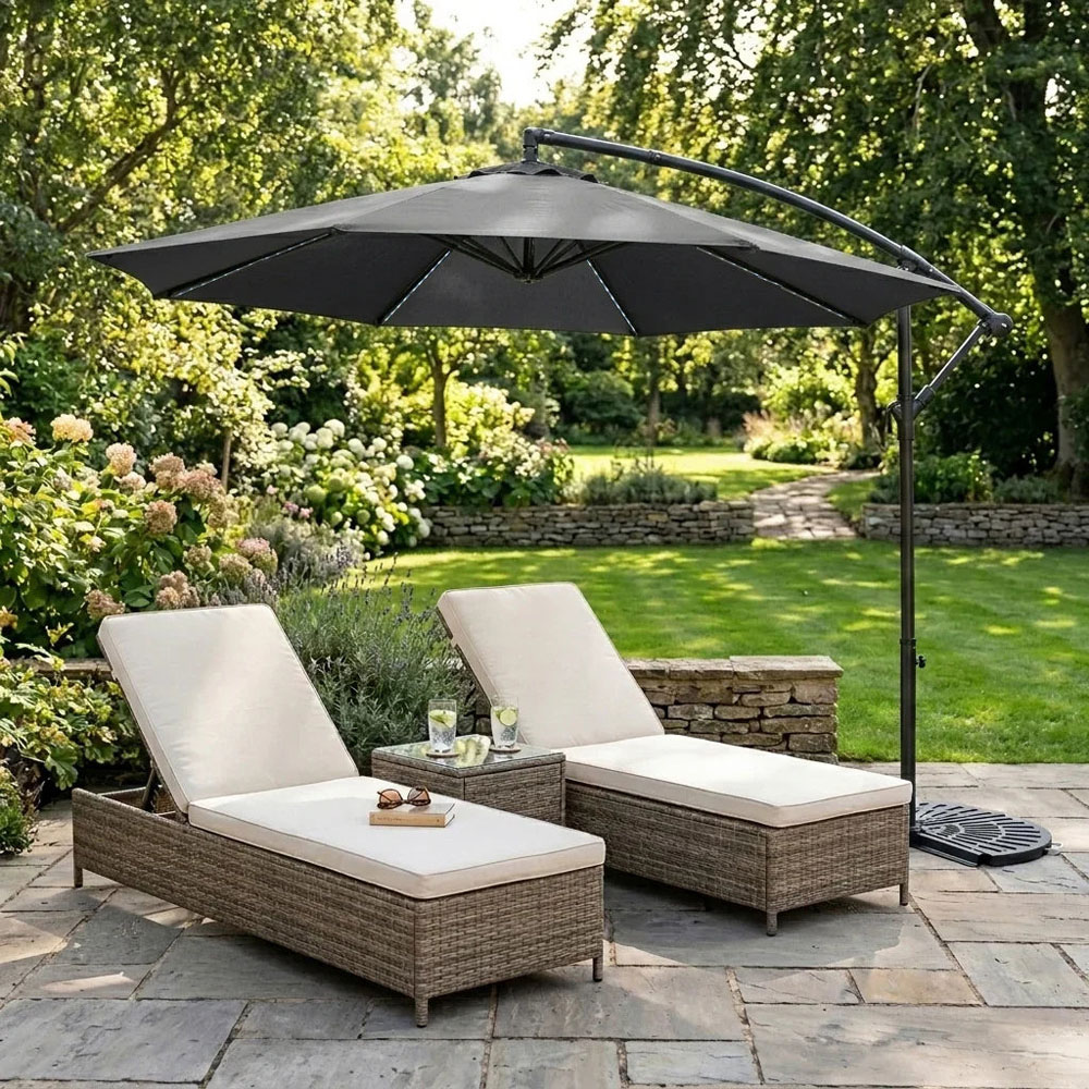 MonsterShop Grey LED Cantilever Parasol with Half Fan Base 3m Image 2