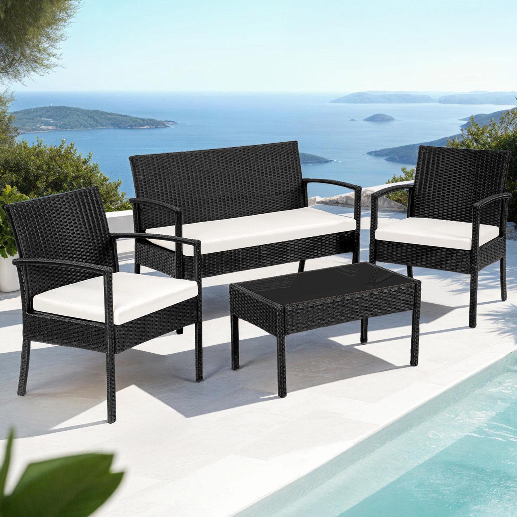 tectake Sparta 4 Seater Black Rattan Garden Lounge Set Image 1