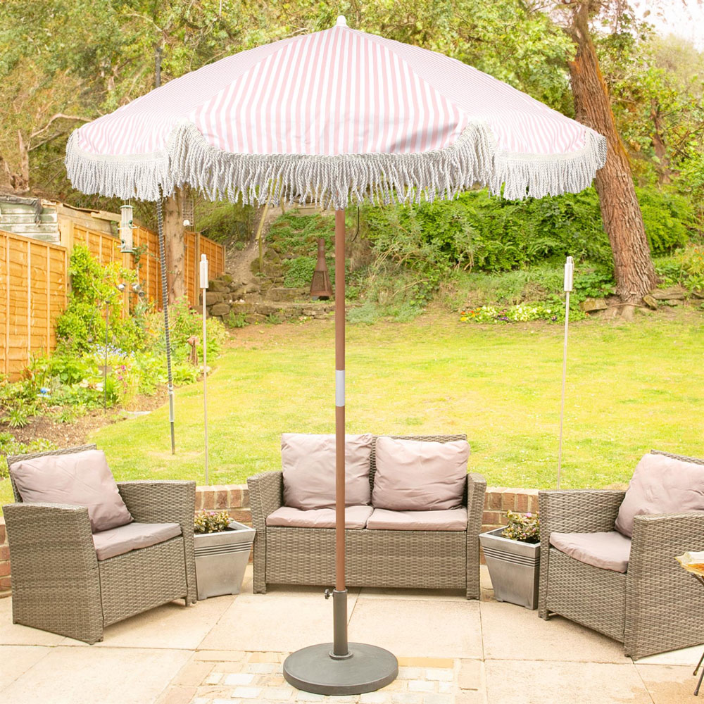 Harbour Housewares Pastel Pink Stripe Tassel Fringed Wooden Garden Parasol and Base Set 1.4m Image 2