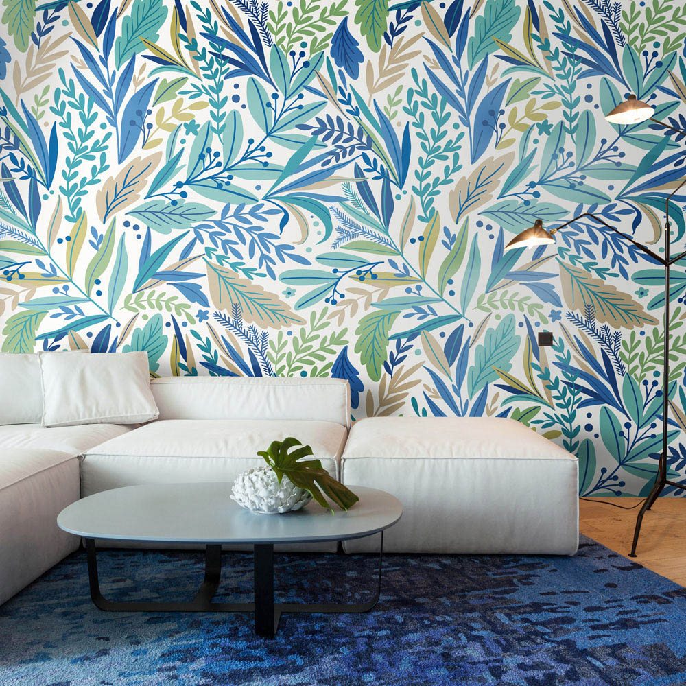 Origin Murals Repeatable Patterned Leaves Denim Blue 3 Drop Wall Mural Image 3