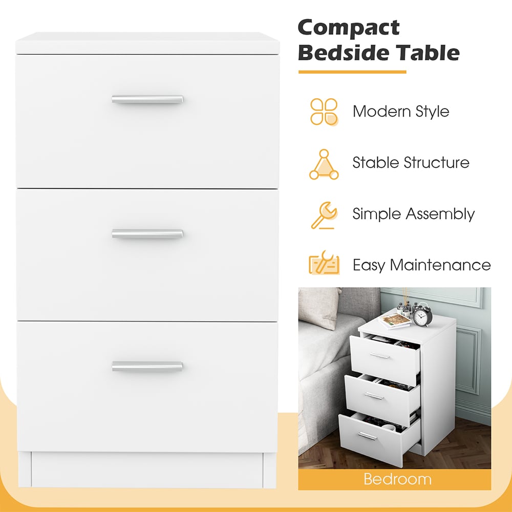 Costway 3 Drawer White Bedside Table Image 7
