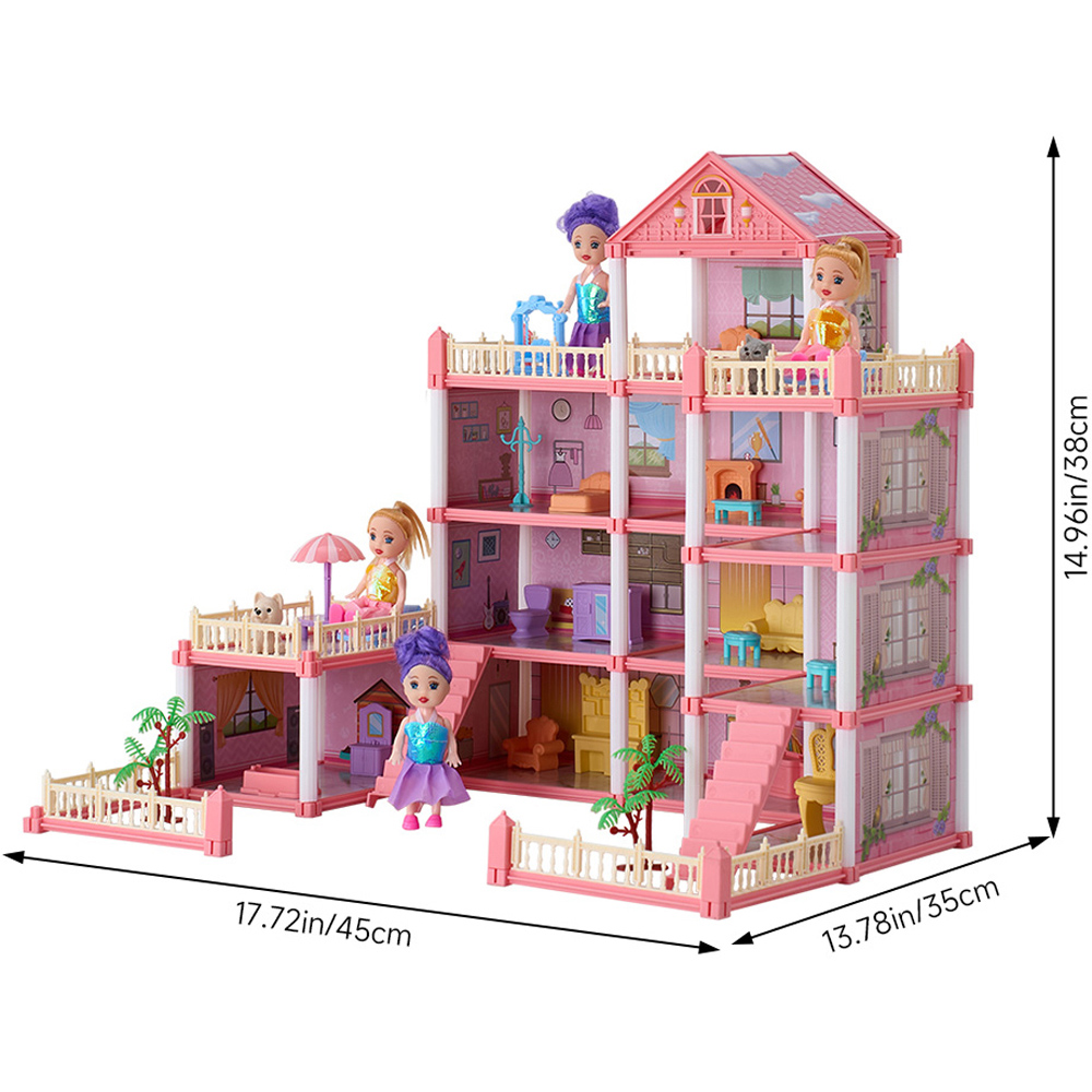H&O Direct 245 Piece Kids Pink 4 Storey Dollhouse Playset with Furniture Image 6