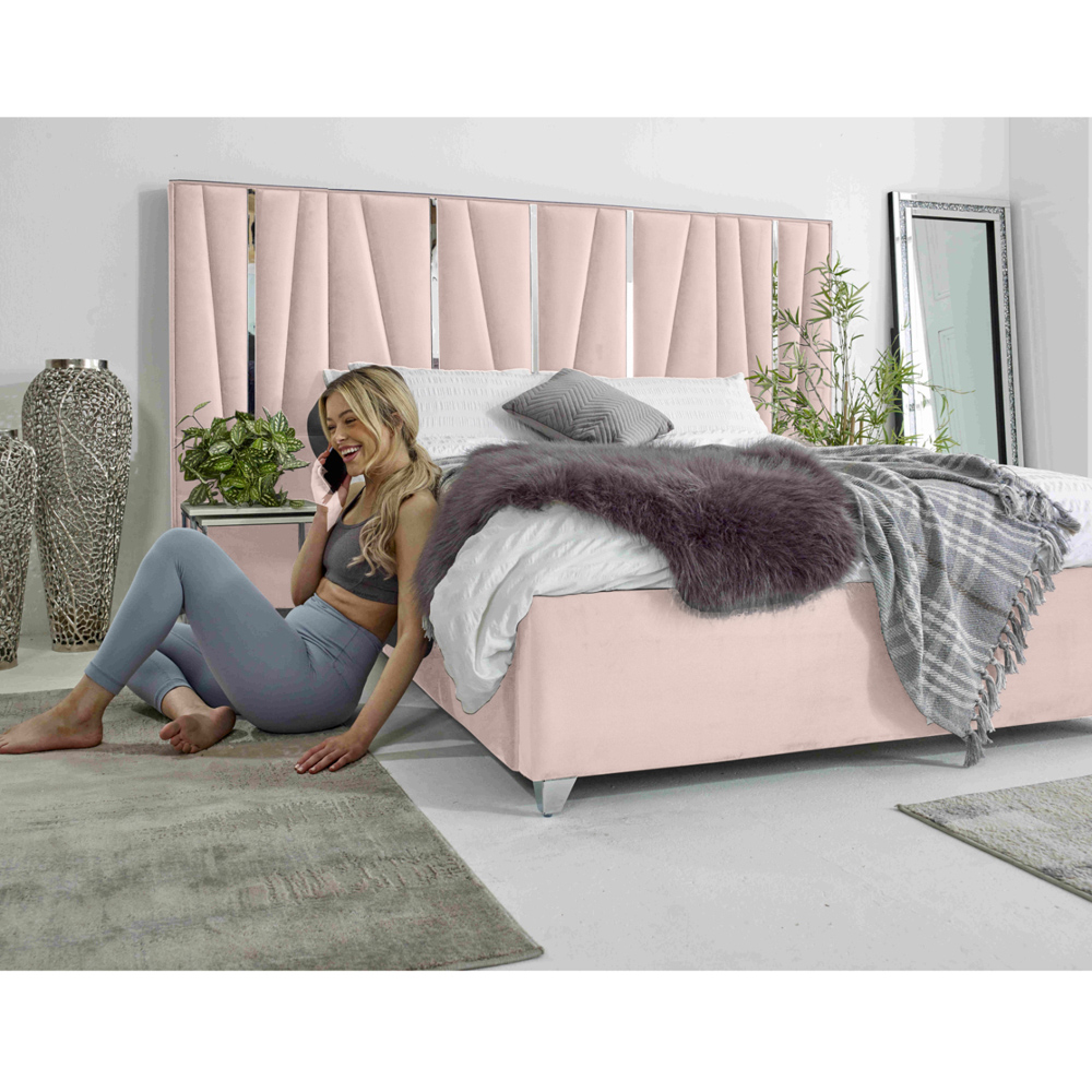 Eleganza Mila Double Pink Plush Velvet Bed Frame with Lined Headboard Image 5