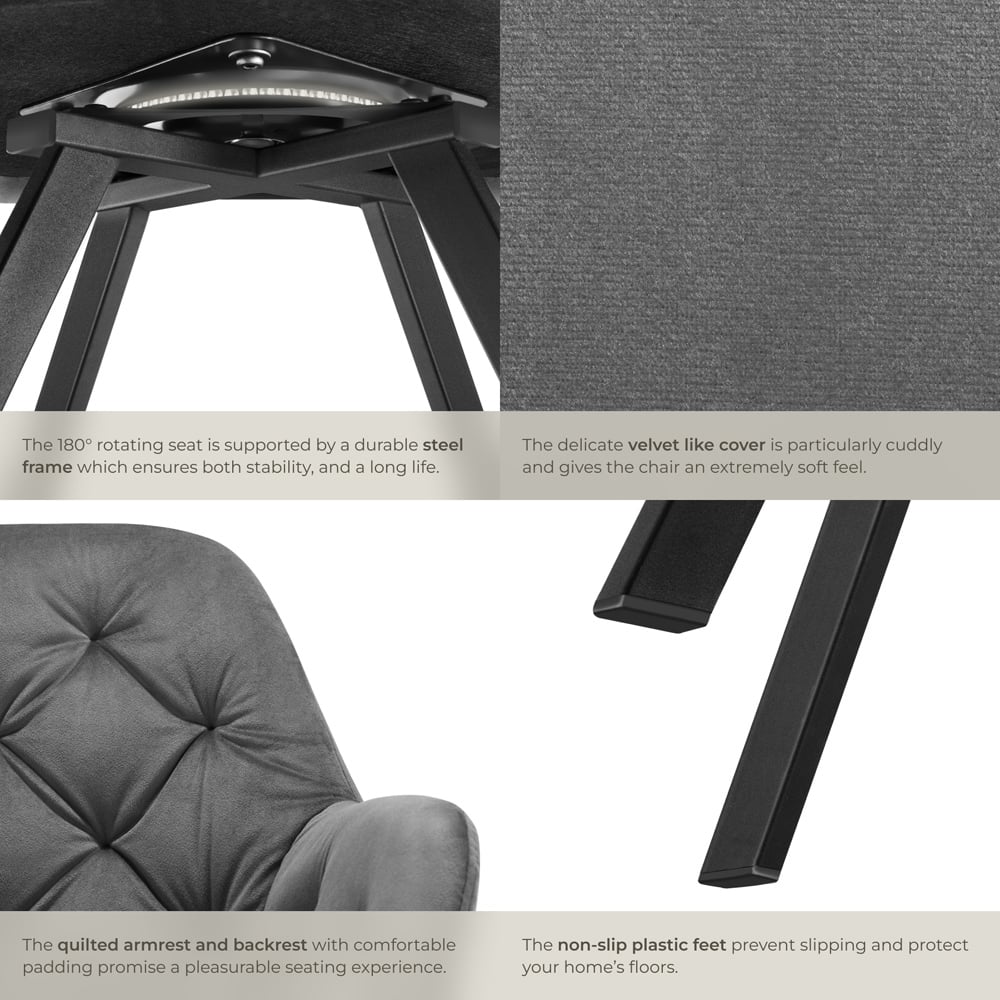 tectake Lucia Anthracite Quilted Swivel Armchair Image 5