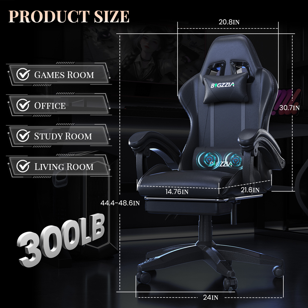 Rattrix Black Reclining Gaming Chair with Massage Lumbar Cushion and Footrest Image 9