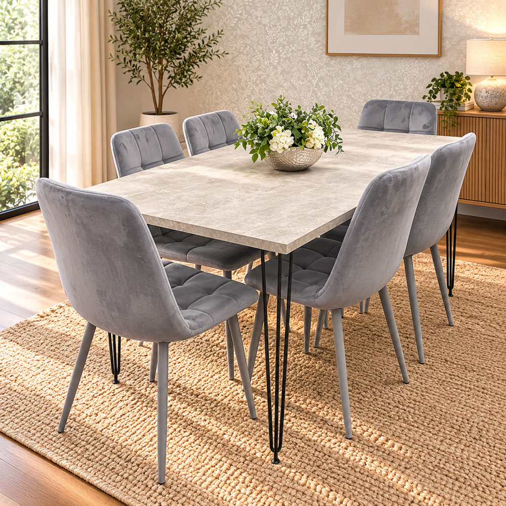 Kosy Koala 6 Seater Wood and Velvet Tufted Dining Set Grey Image 1