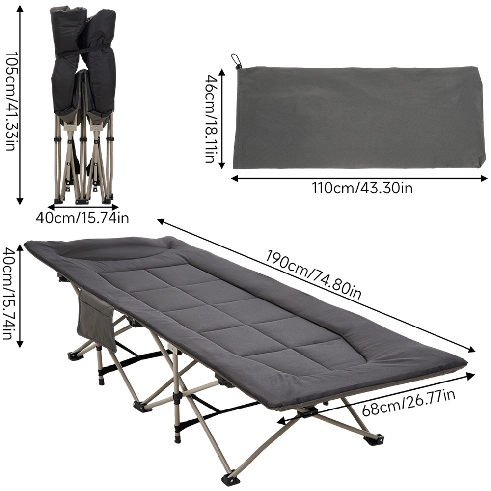 Living and Home Black Portable Folding Camping Cot with Headrest Image 8